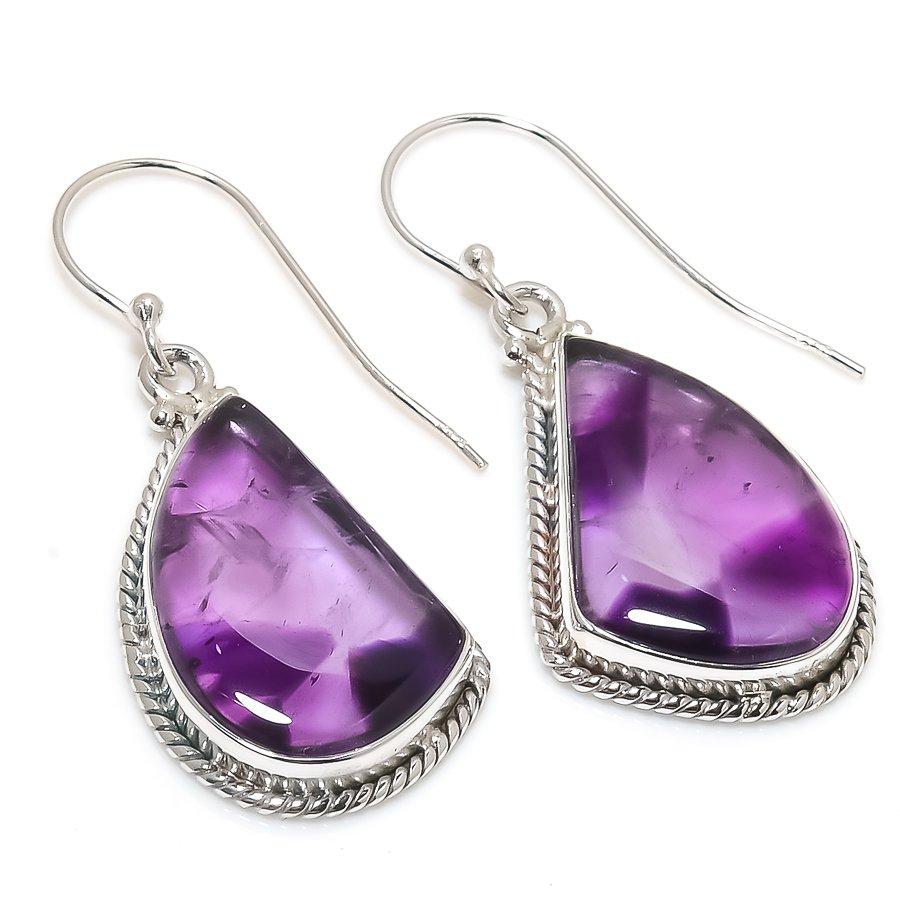 Natural Brazilian Amethyst Gemstone 925 Solid Sterling Silver Earring 1.75" M8s83