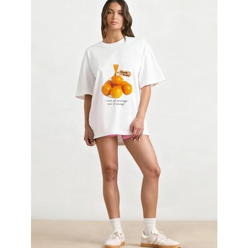 Oversized T Shirt Black Orange Fruit Print With Candy House Text And One Of Orange Quote Casual Everyday Wear