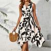 Women's Summer Sleeveless Long Dress Leaf Print Knot Irregular Design Fashion Mid-Calf Length Casual Party Dress