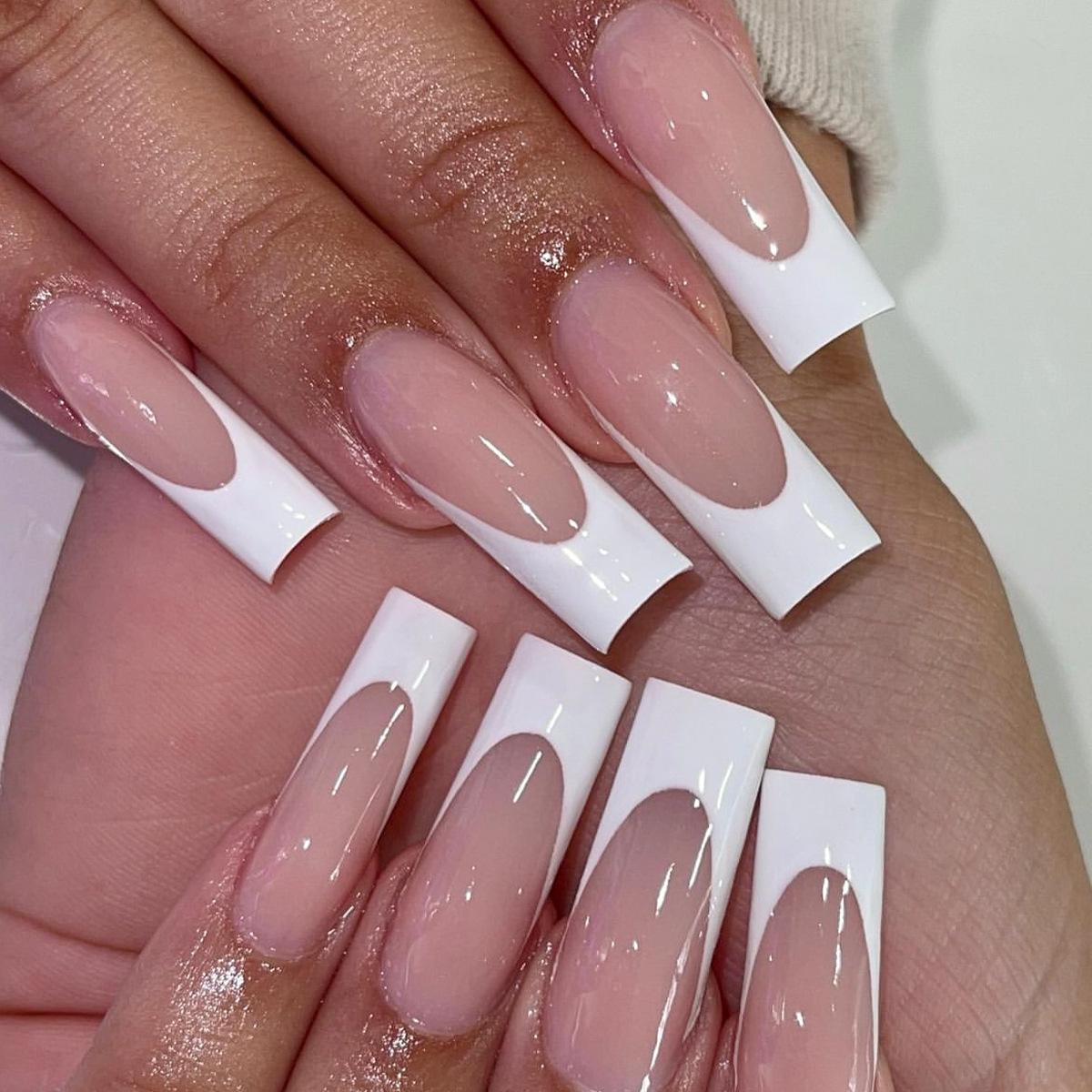 

Long Water Pipe Wear-On Nails with White French Edge - Elongated Square Fake Nails