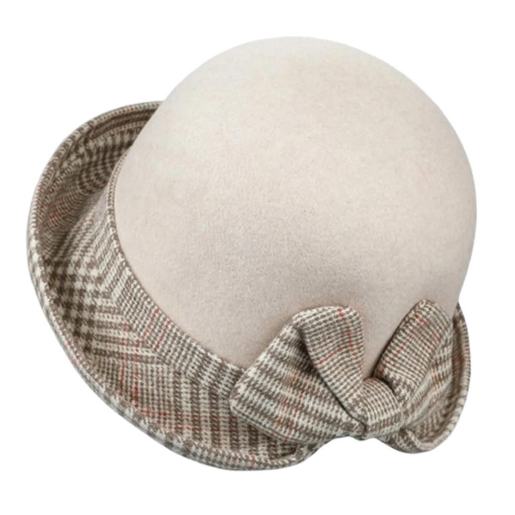 Women Felt Bowler Hats Vintage Plaid Bow Church Hats Lightweight Derby Fedora Hats