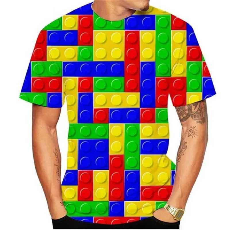 Summer Round Neck 3D Building Blocks Pattern Print T-shirts Fashionable Casual Short Sleeved Men's T-shirts
