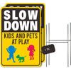 Slow Down Kids At Play Sign - Weatherproof with Metal Stakes for Yard Safety