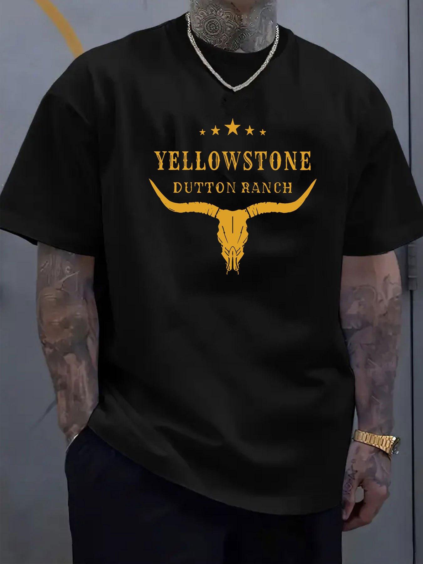 YellowstoneBUTTON Ranch Graphic T-shirt - White Casual Short Sleeve Summer Top with Bull Head & Star Design XL