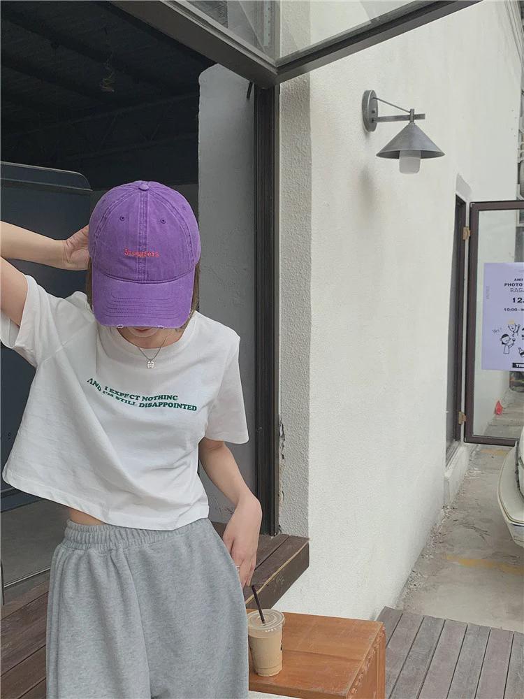Koreanisches Locker sitzendes Kurzarm-Crop-Top mit Buchstabenaufdruck für Damen