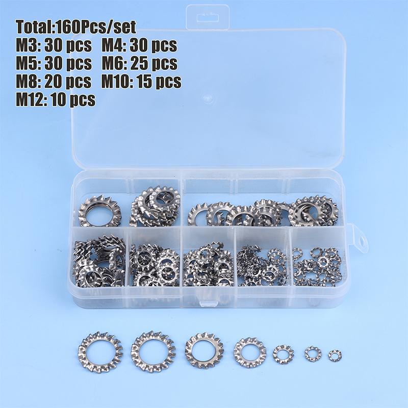 160 szt./pudełko Stal nierdzewna Zewnętrzne Wieloząbkowe Podkładki Blokujące Gwiazdkowe Zestaw Asortymentowy 7 Rozmiarów M3 M4 M5 M6 M8 M10 M12