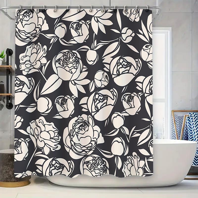

White Black Shower Curtain With Flowers Waterproof Bath Decor Home Decoration Bathroom Tiles Curtains Bathtub Liner Extra Large W60H190(CM)-1 Pcs