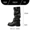 Korean ins~ Amber Soft Leather Wasteland Wind Pile Boots Women's Belt Buckle Height Increasing Skinny Medium Boots Pant Tube Boots