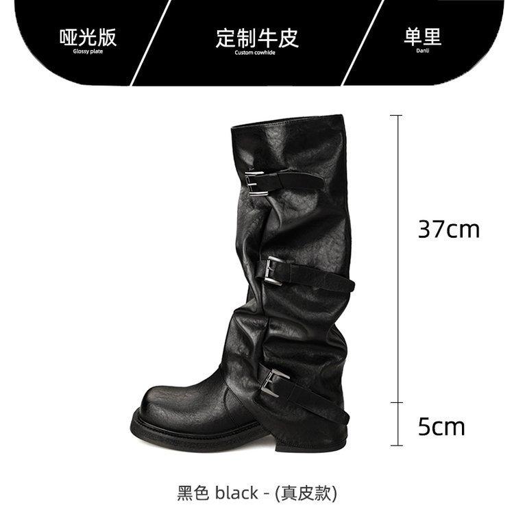 Korean ins~ Amber Soft Leather Wasteland Wind Pile Boots Women's Belt Buckle Height Increasing Skinny Medium Boots Pant Tube Boots