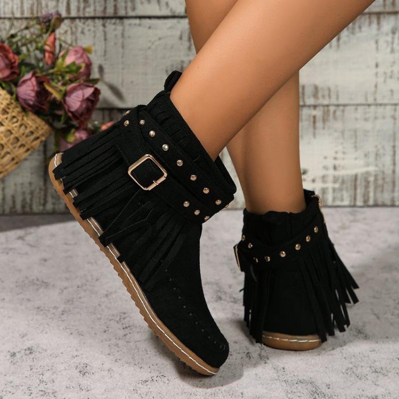 Large Size Rivet Tassel Metal Buckle with Short Tube Cigarette Boots Autumn and Winter New Flat-bottomed Warm Women's Boots