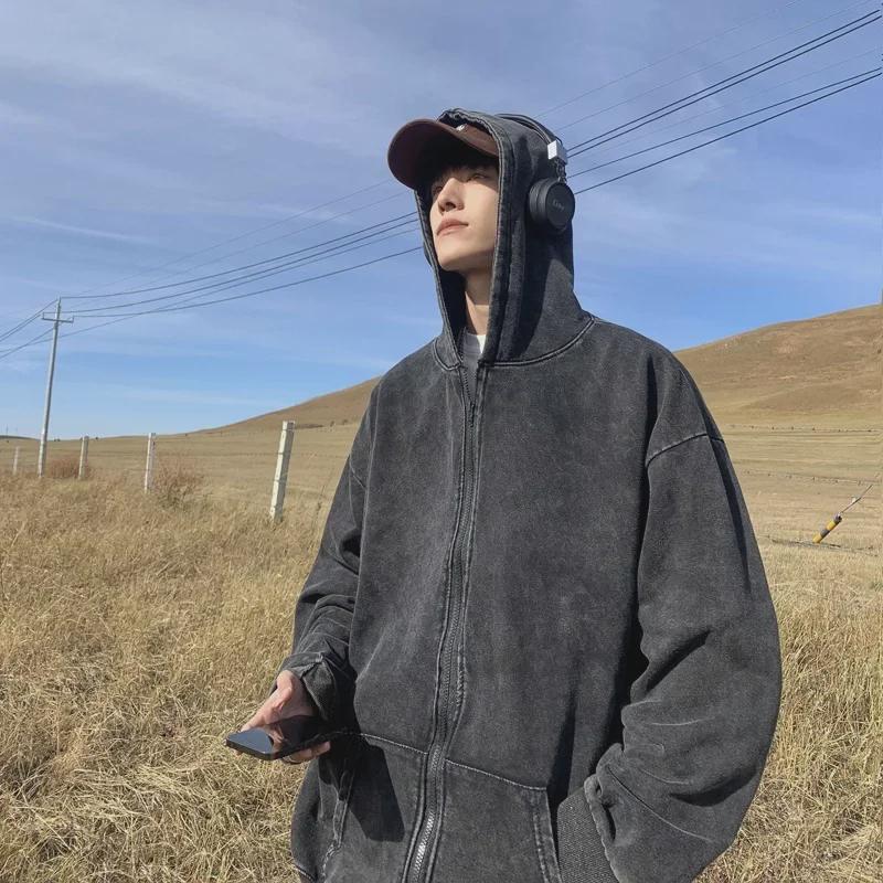 Men's American Retro Washed Distressed Cardigan Sweatshirt – Autumn/Winter High Street Trend, Heavyweight Hooded Jacket