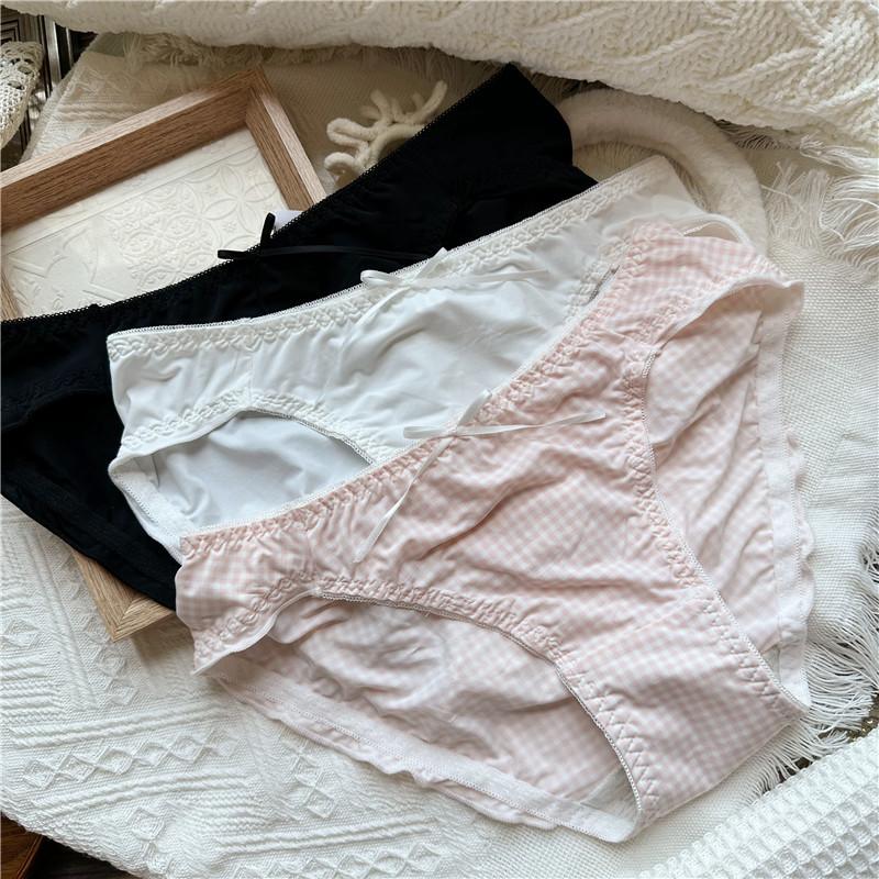 Women Cute Cartoon Ice Silk Screen Flower Sweet Plaid Polka Dots Flanged Low-rise Women's Panties