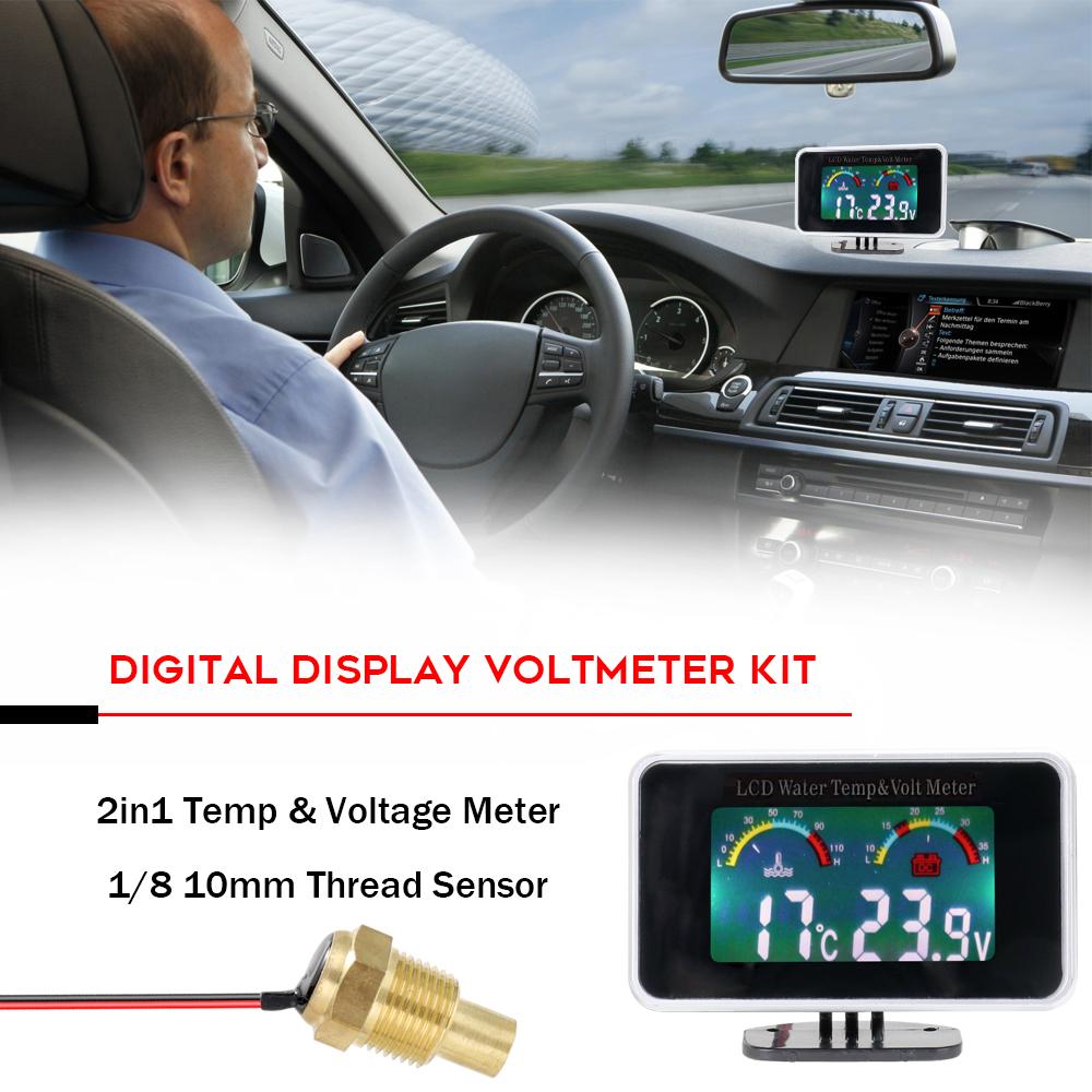 Car LCD Digital Display Water Temperature Meter Thermometer Voltmeter Gauge 2in1 Temp & Voltage Meter 1 8 10mm Thread