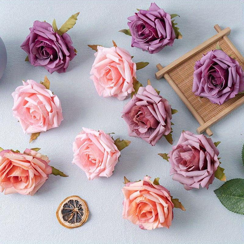 10pcs Color Rolled Edge Rose Head Simulated Flower Home Decoration DIY Wedding Bouquet Flower Arrangement Valentine's Day Party Home Table Decoration