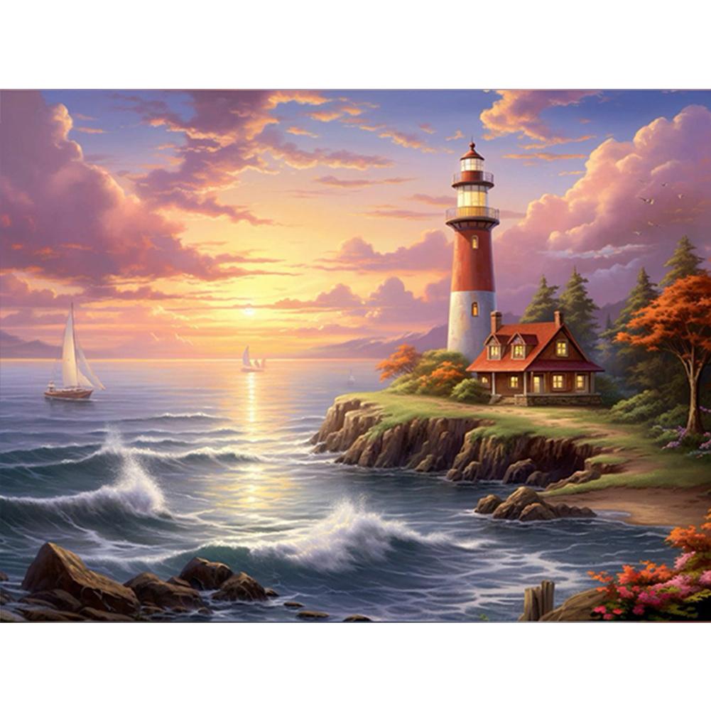 5D DIY Full Round Drill Diamond Painting Seaside Lighthouse Home Decor Art Craft