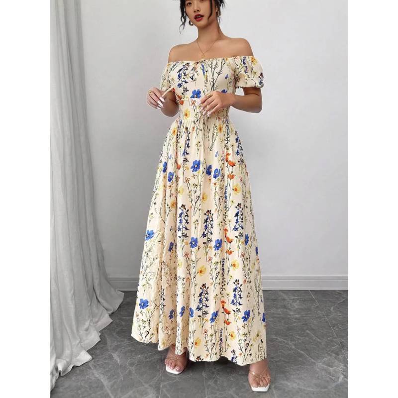 French Bubble Sleeve Printed Dress With Polyester Fabric For Summer Casual Wear