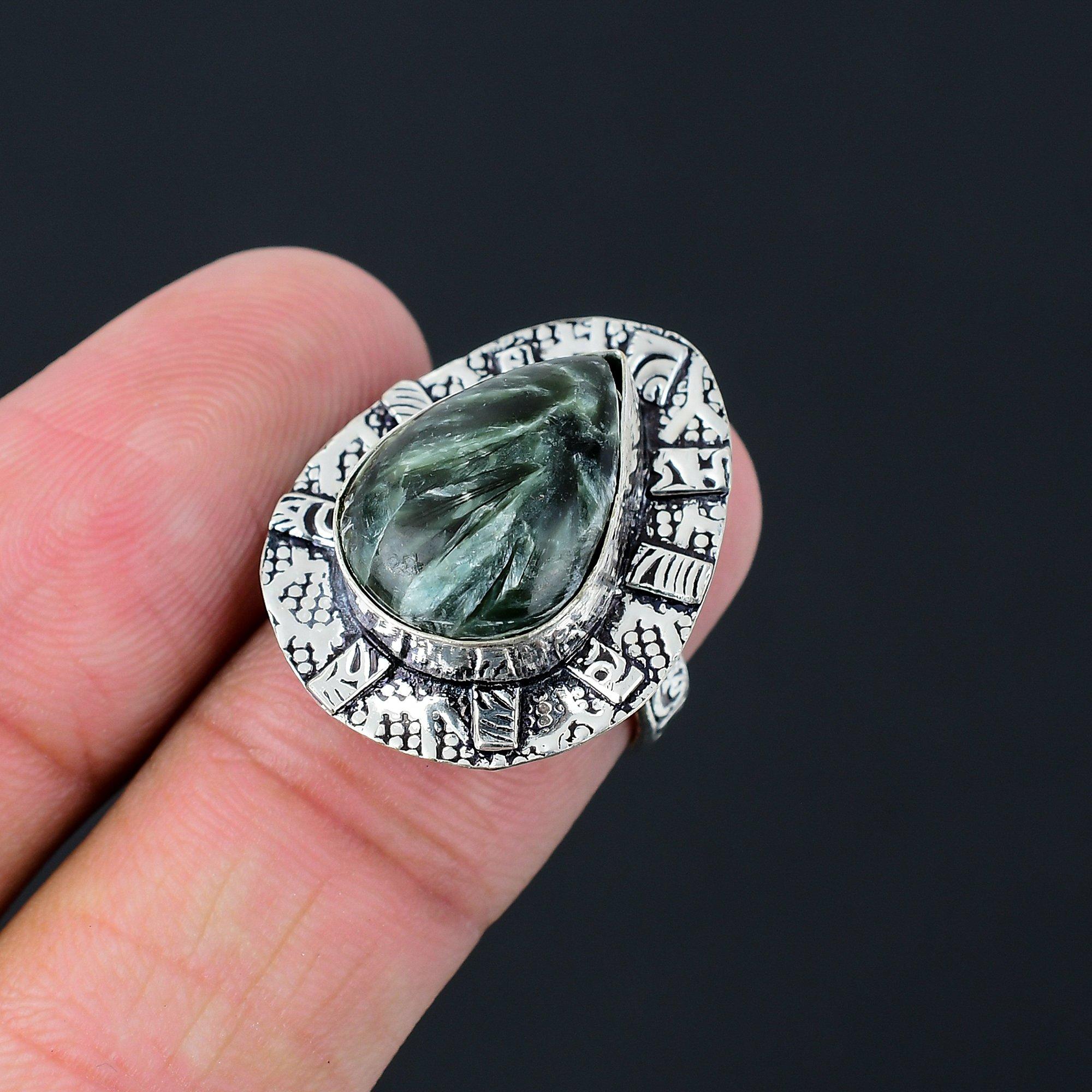 Mothers day Sale Sterling Silver Pear Seraphinite Stone Ring Jewelry Size 6.5 6.5
