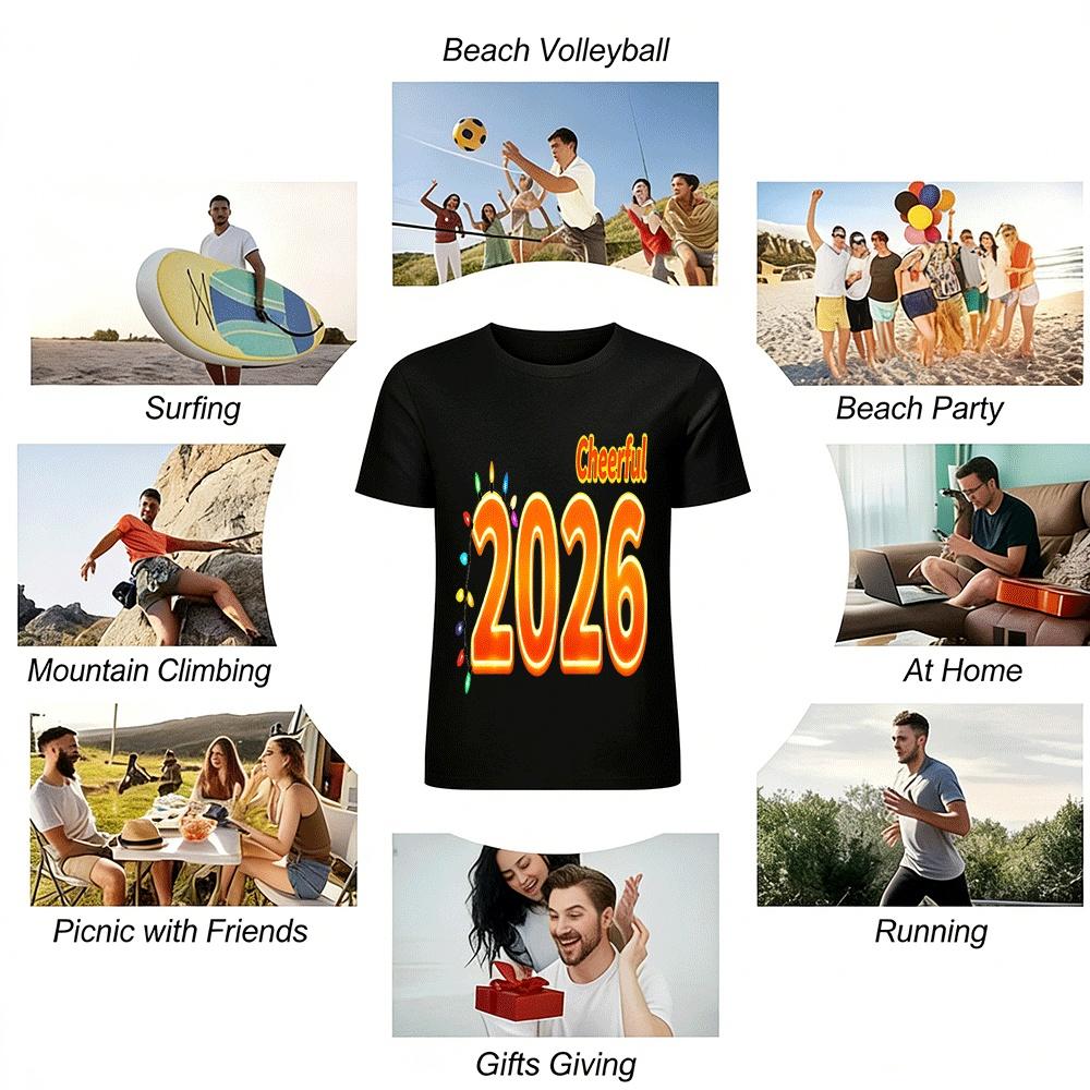 Cheerful 2026 String Lights Print Casual Top Holiday Party Wear Pure Cotton T-shirt
