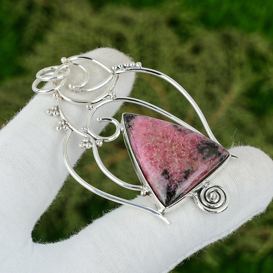 

Mothers day Sale Trillion Rhodonite Gemstone Sterling Silver Birthday Pendant