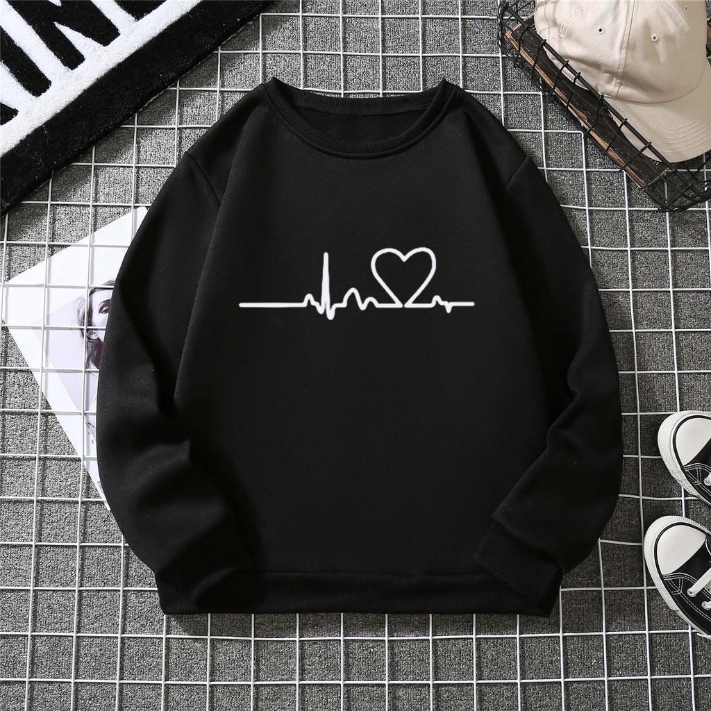 Autumn Winter Ladies Heartbeat Print Sweatshirt Student Pattern Plush Hooded Women Long Sleeve Pullover Hoodie