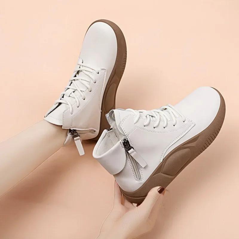Women's Leather Round Toe Platform Sport Shoes Zipper Decorated Short Boots Color Walking Ankle Booties