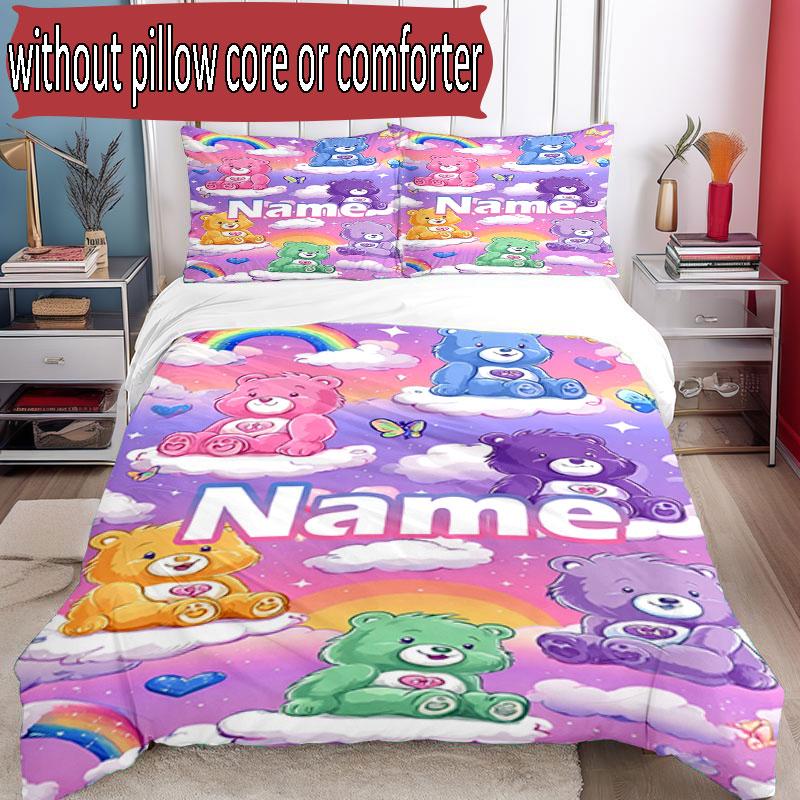 3'lü Nevresim Takımı (1*Nevresim Kılıfı + 2*Yastık Kılıfı, Çekirdeksiz), Kişiye Özel İsimli Care Bears Desenli Nevresim Takımı, Ev Yatak Odası Dekorasyon Hediyesi