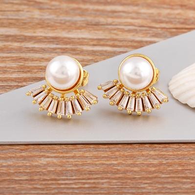 Nidin French Light Luxury Gold Color Natural Freshwater Pearl Stud Earrings For Women Korean Zircon Exquisite Party Jewelry Gift