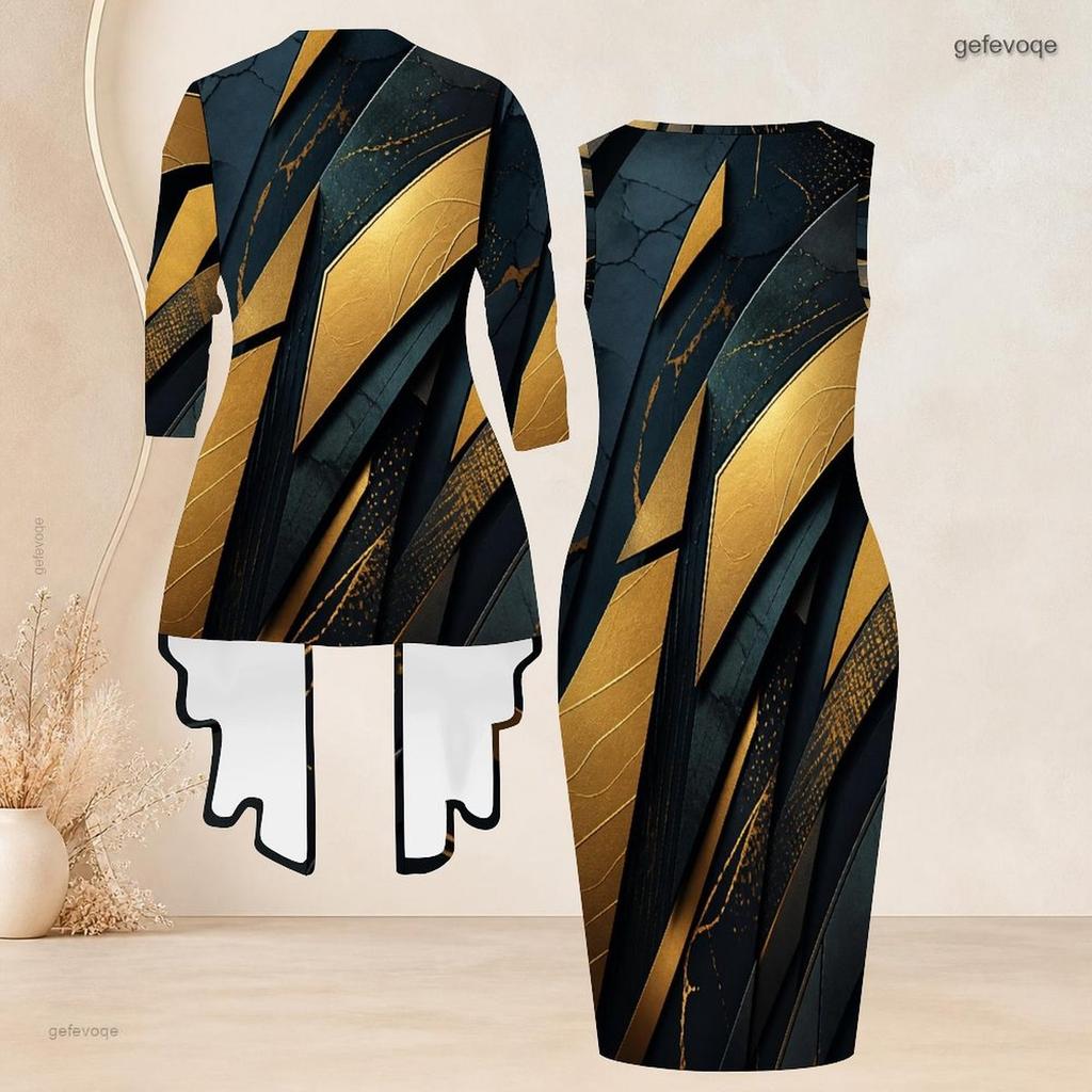 Women Plus Size Black Blue Printed Two Piece Set Long Sleeve Cardigan Sleeveless Bodycon Dress