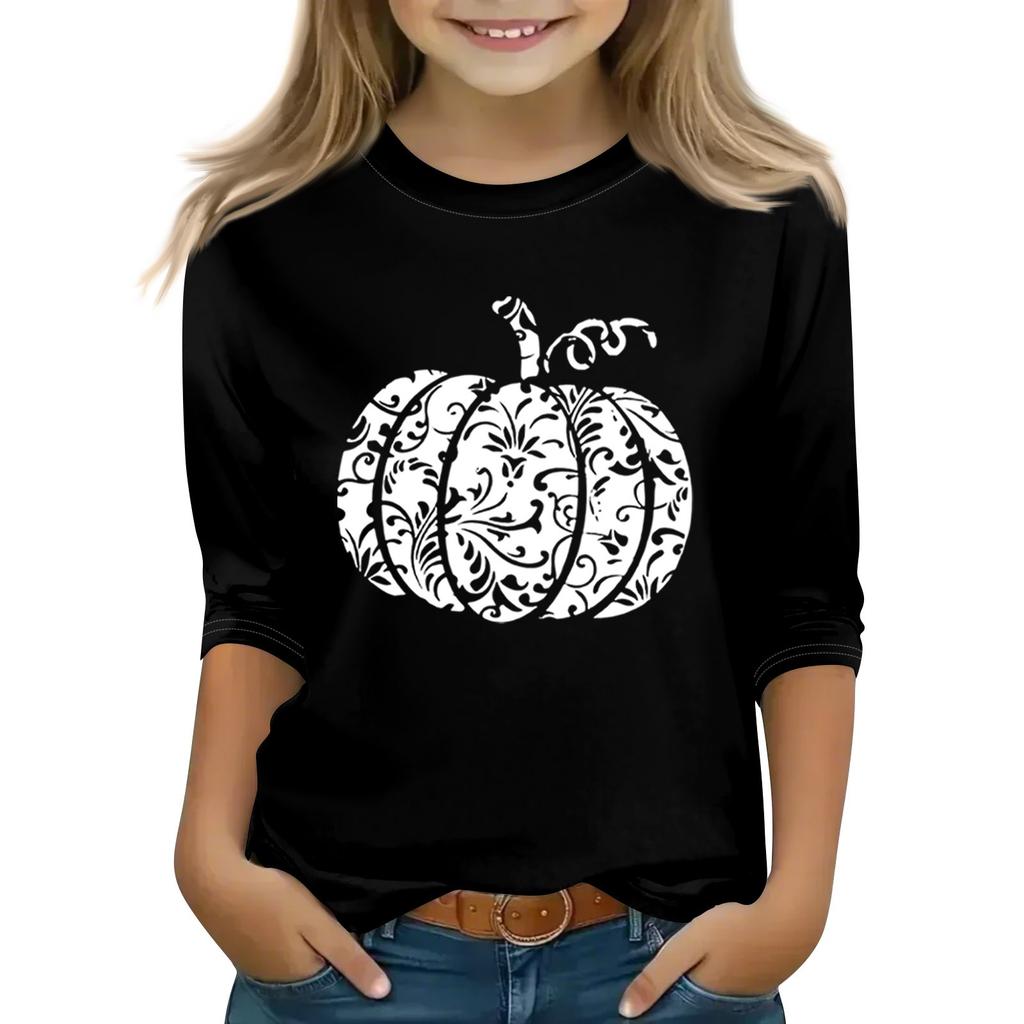 Print Tops For Youth Girls Round Neck 3/4 Sleeves T-Shirts Trendy Tops Outfit Tees