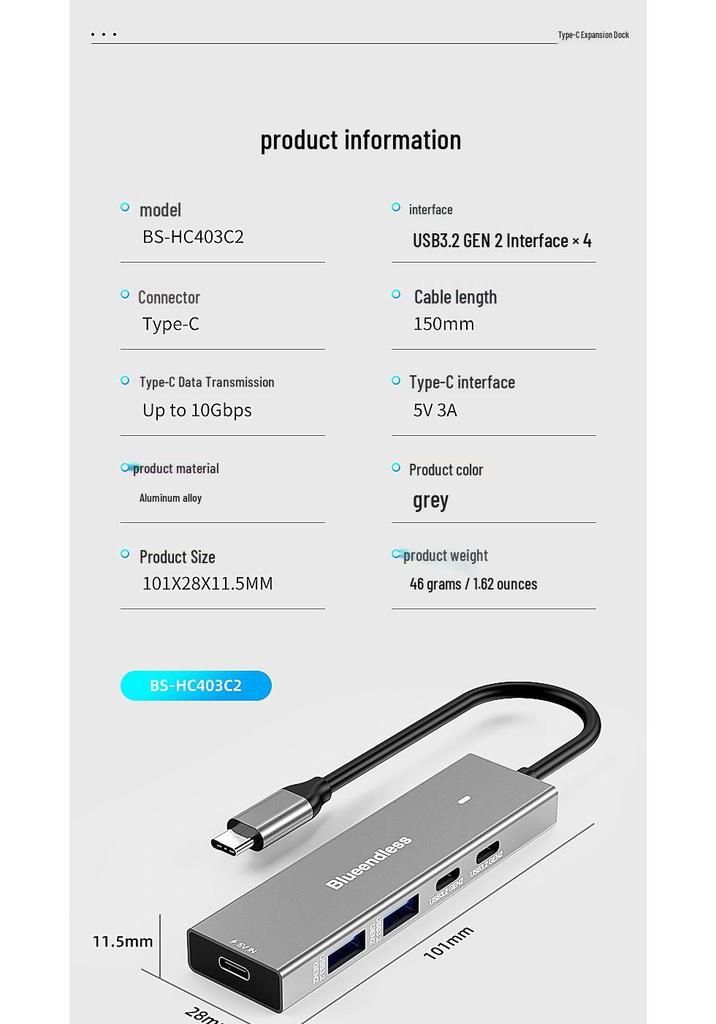 USB-C Hub: 2A+2C USB 3.2 Gen 2 Splitter, 10Gbps, Laptop & Phone Expansion Dock
