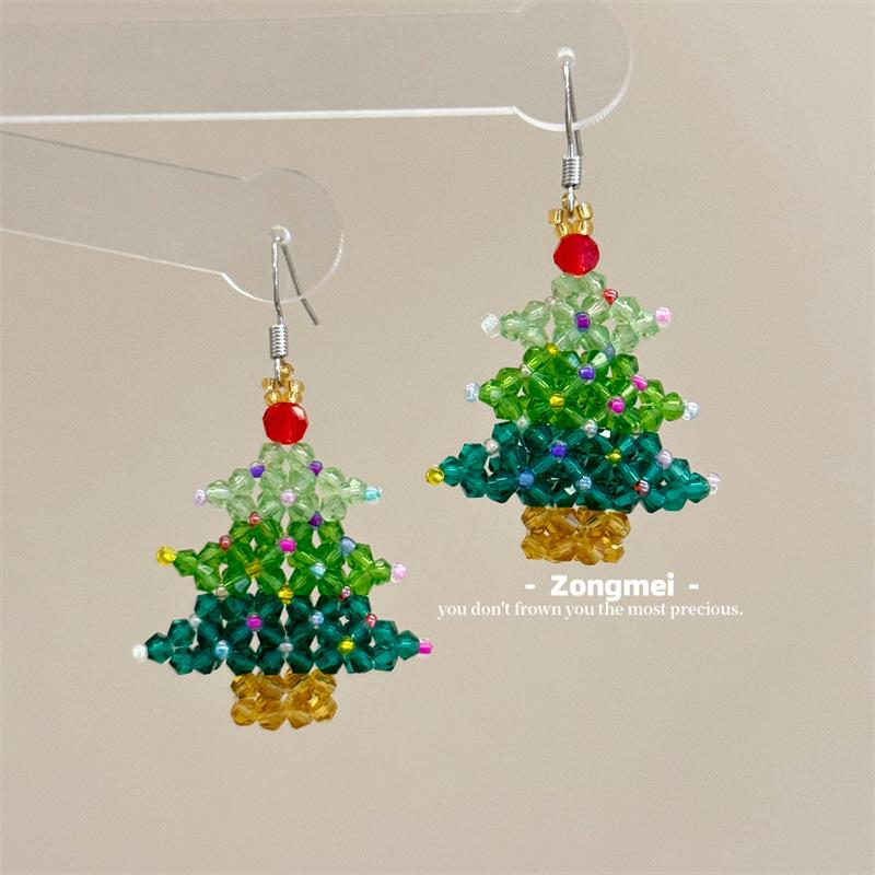 3D Christmas Tree Earrings with Red Bow - Heavy Beaded Crystal Ear Clips, Hand-Woven Holiday Accessories