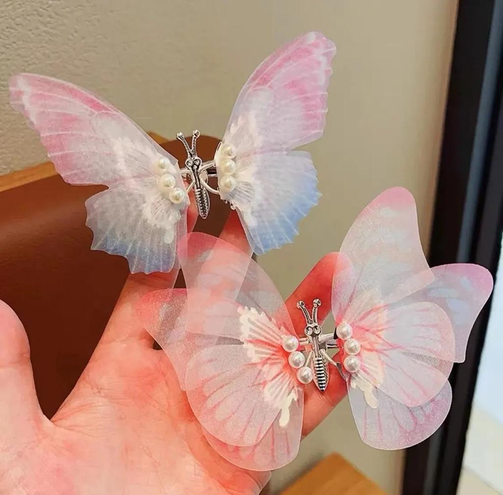 2Pcs Butterfly Girls Hairpin Moving New Gradient Hair Clip Three-Dimensional Barrettes Pearl Pet Hair Accessories