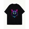 Oversized T Shirt Black Neon Cat With Sunglasses Print Casual Streetwear Fashion For Women