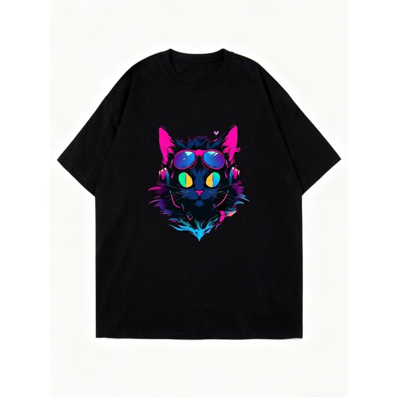 Oversized T Shirt Black Neon Cat With Sunglasses Print Casual Streetwear Fashion For Women
