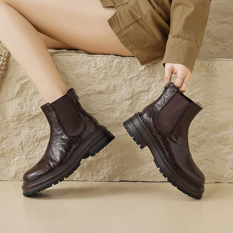 Krazing Pot Sheep Skin Round Toe Winter Med Heels Chelsea Boots Women Zipper Retro Fashion Platform Ankle Boots