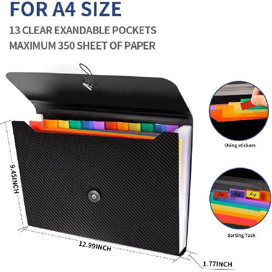 Expanding File Folder, 13 Pockets Accordion File Holder Organizer, A4 Letter Size Paper Document Receipt Organizer Accordian Filing Folder for