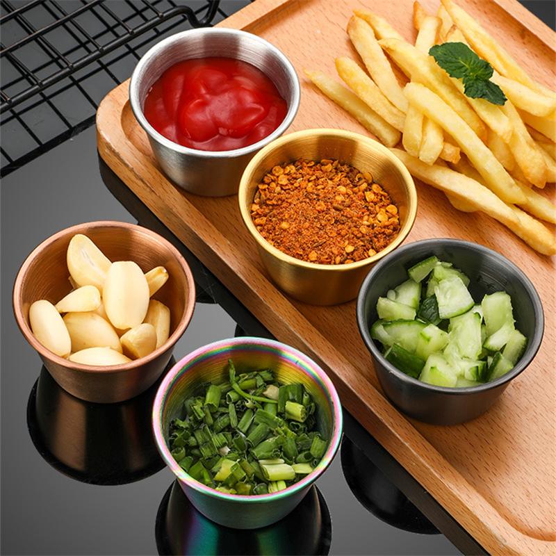 5PCS/Set Stainless Steel Mini Dipping Sauce Cup Kitchen Seasoning Dish Tomato Salad Dressing Container Saucer for Bar Restaurant