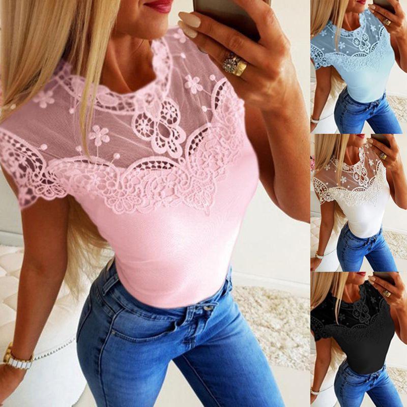 Summer Women Short Sleeve Lace Seethrough Top Fashion Frilled Hollow Top Out