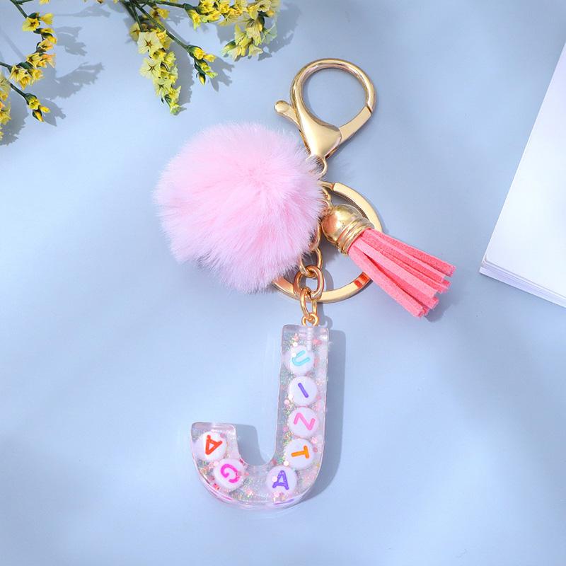 1PC Keyring Key Accessory Letter Filled Colourful Initial Pendant With Fluffy Keychain Glitter Tassel Charms For  Bags Backpacks
