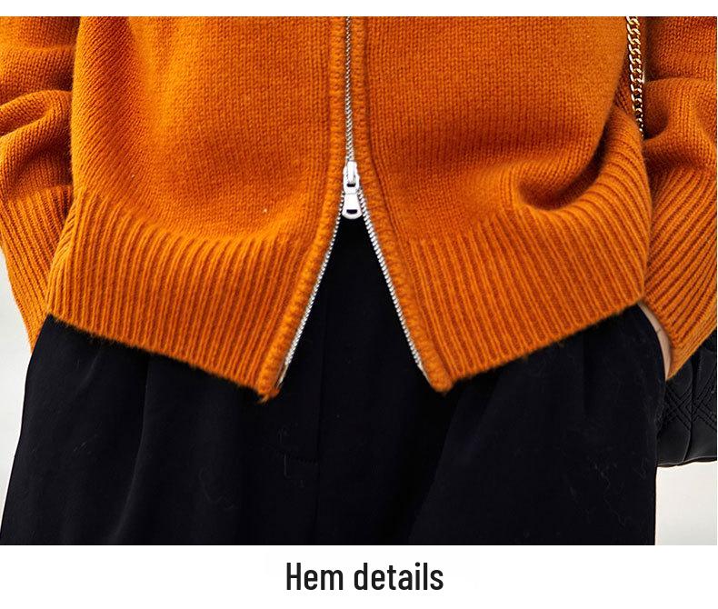 Women's 100% Wool Round Neck Knit Cardigan - Double Zipper, Solid Color, Loose Fit, Casual Fashion, Short Length