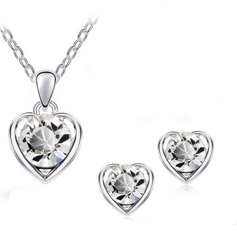 Fashion Versatile Fashion OL Simple Crystal Heart Necklace Stud Earrings