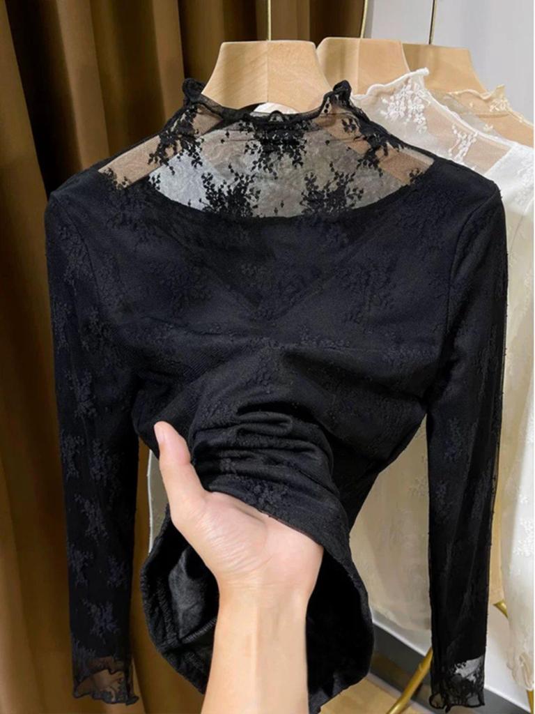 Damenpullover mit hohem Kragen, Fleece-Futter und Spitzenbasis - Frühling Herbst 2025 Modische Netzschicht-Unterwäsche