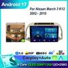 For Nissan March 3 K12 2002 - 2010 Android 17 Autoradio Carplay Auto Multimedia Player Screen Navigation 4G GPS 2 Din