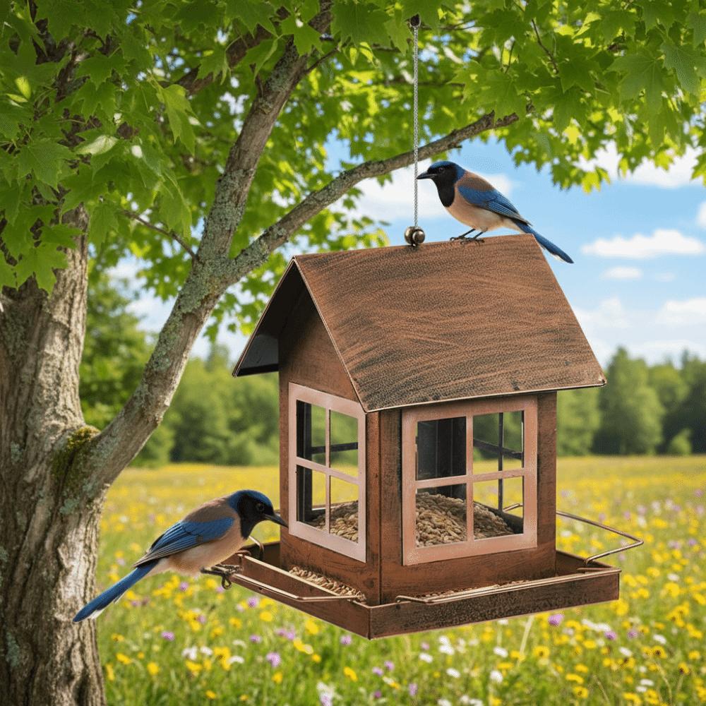 Decorative Hanging Bird Feeder Large Capacity House Shape Bird Feeding Equipment Windproof Metal Parrot Feeding Station Porch