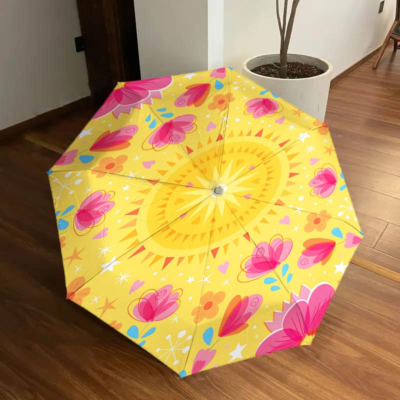 

Floral Mandala Automatic Opening Folding Umbrella Portable 3 Fold Design with Iron Frame,Perfect for Outdoor Use,Festive Gifts,Travel,