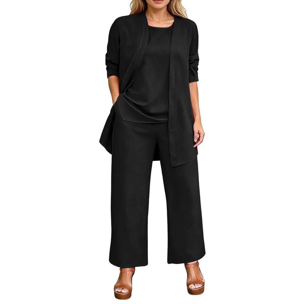Women Summer Three Piece Set Sleeveless Top Open Front Cardigan Wide Leg Pants Casual Lounge Outfit