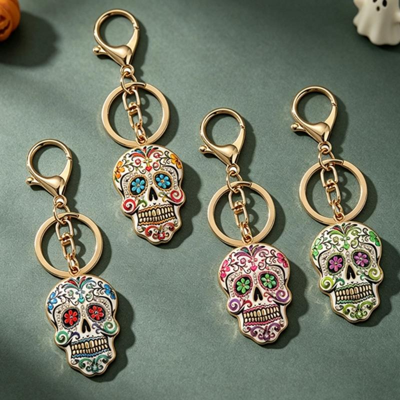 Halloween Skull Keychain Charm, Floral Skull Bag Charm with Alloy Hardware, Lobster Clasp and Round Key Ring for Keys