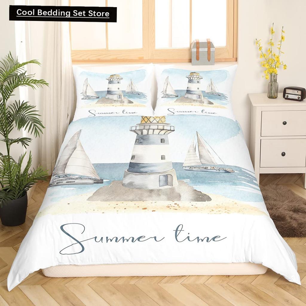 Summer Beach King Queen Duvet Cover Blue Ocean Fish Bedding Set Hawaiian Sea Palm Trees Quilt Cover Marine Life Comforter Cover