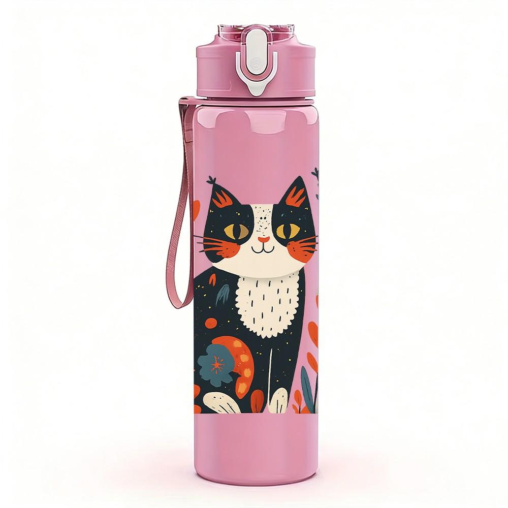 1PC Floral Pattern Cat Portrait 750ml Color Plastic Sports Water Bottle Leakproof Flip Straw Lid Suitable for Sports Office Home Use