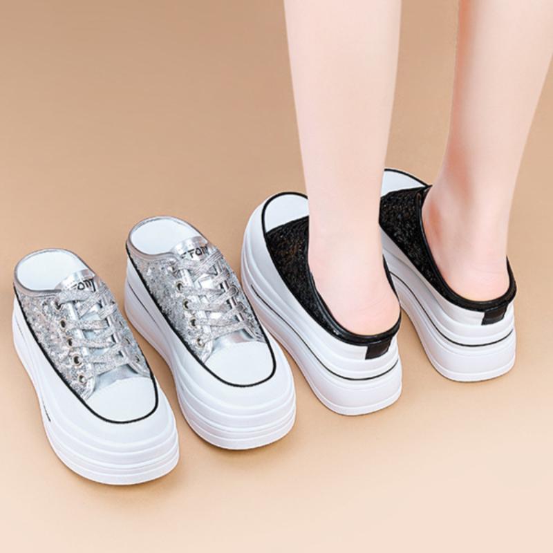 Thick-soled White Shoes for Women Summer Breathable Half Slippers All-match Sports Casual Shoes